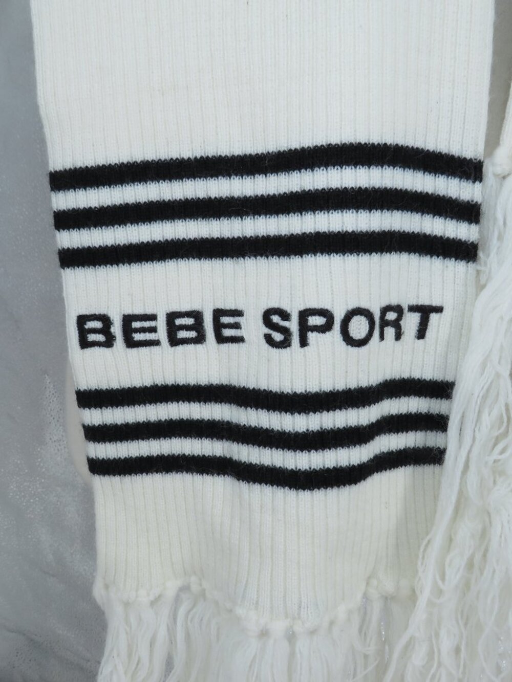 BEBE SPORT SCARF WHITE ONE SIZE Black Stripe Fringe Knit Vintage Y2K Logo Winter
